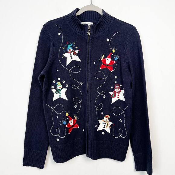Christopher & Banks Snowman Zip Up Cardigan Sweater XL Christmas Holiday Winter - Picture 1 of 11